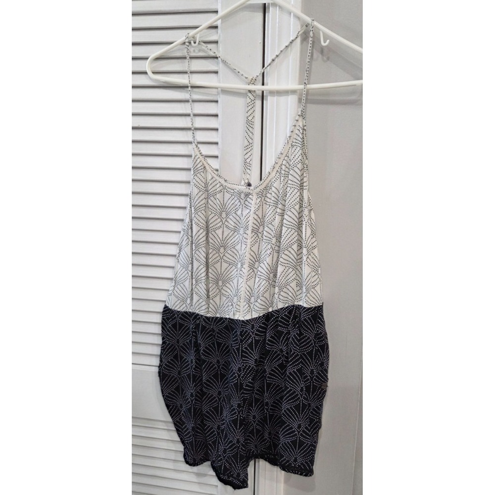 Womens Roxy Strappy Black & White Romper w/Geometric Dot Fan Print Large